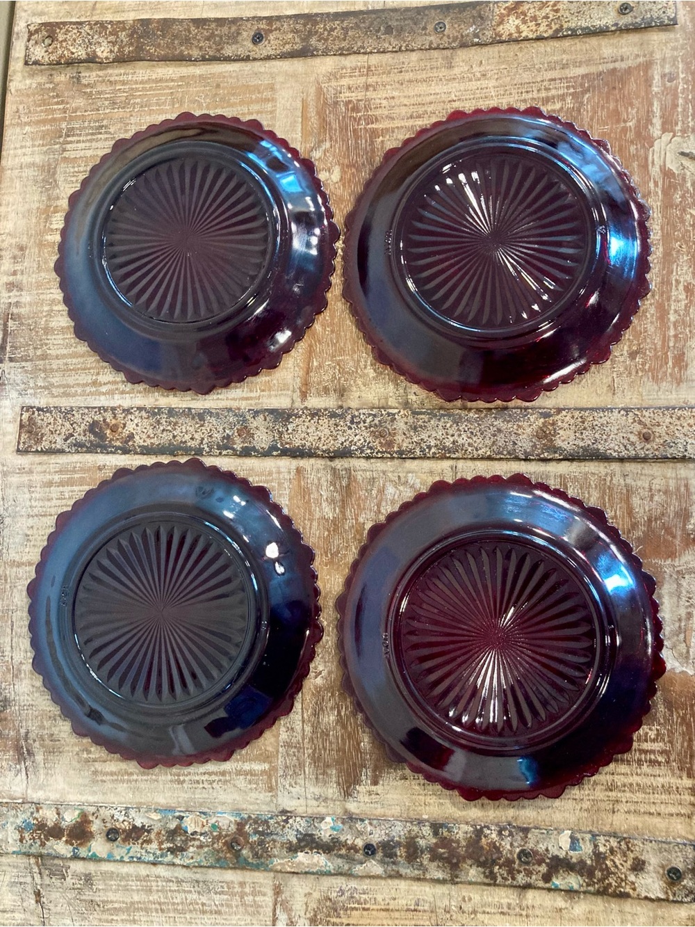 4 Avon Ruby Red Glass Luncheon Salad Dessert Plates 1876 Cape Cod Sunburst Back - Picture 9 of 16